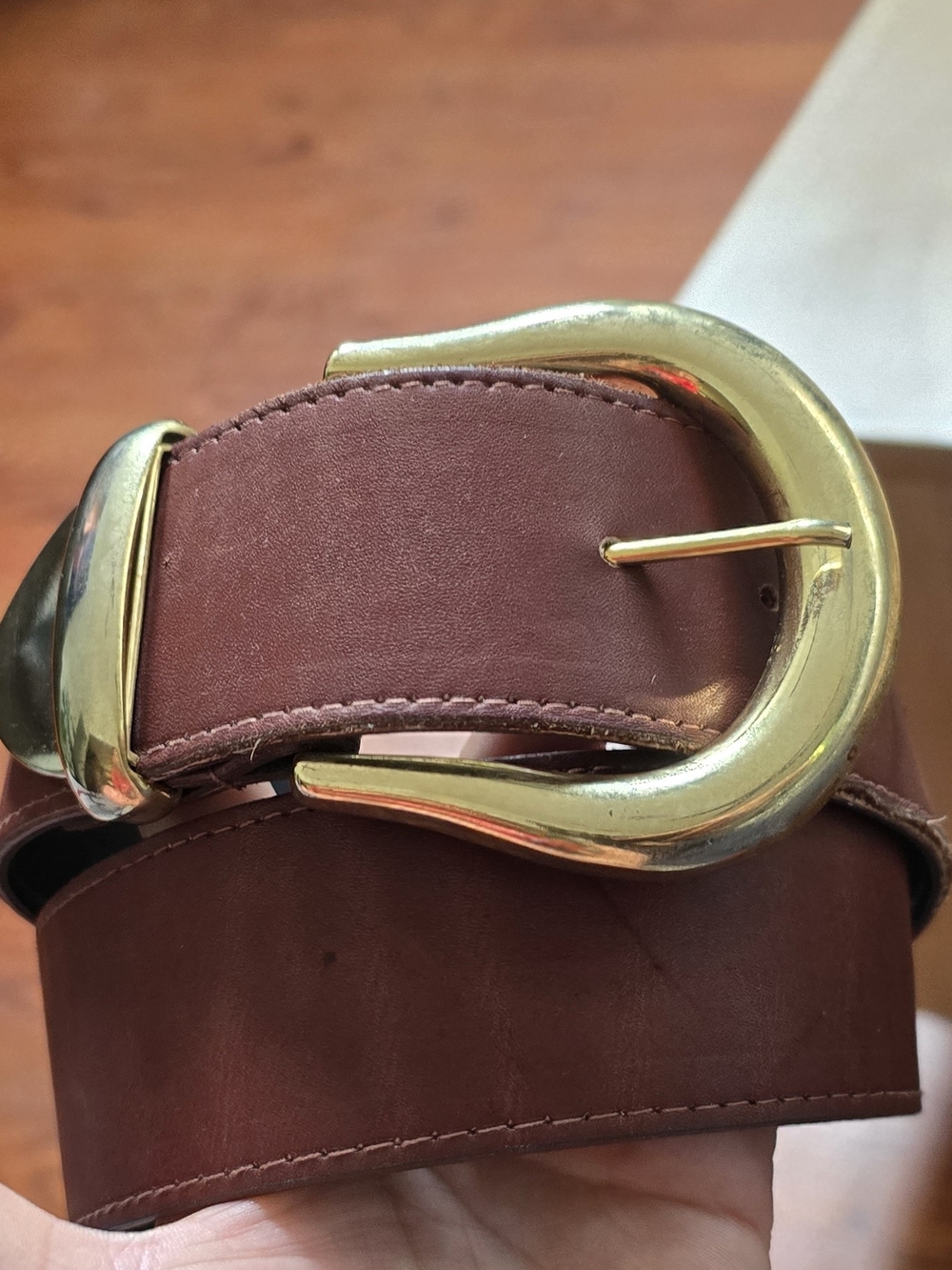 Vintage A. Brod Brown Leather Belt Wide Statement Buckle Gold Tip Sz M USA